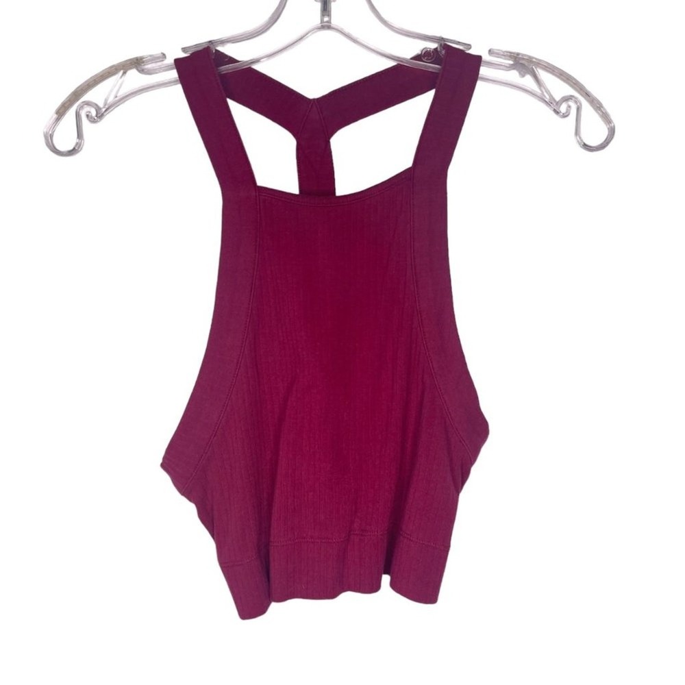 Intimately Free People Ribbed T-Back Crop Top Berry Wine Red Medium